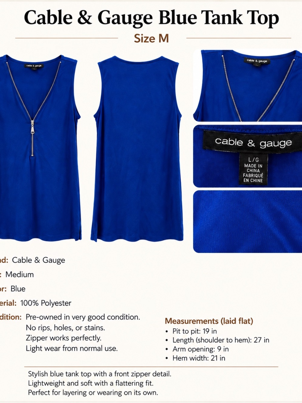 Cable & Gauge Royal Blue Sleeveless Tank with Front Zip